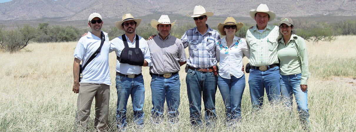 The grasslands team in February 2014. From left to right: Andrew Rothman, American Bird Conservancy; Mauricio De la Maza, Pronatura; Ruben Borunda and Alejandro Carrillo, both partner ranchers; Lilia Vela, Pronatura; Gerardo Bezanilla, a consultant; and Iris Banda, Pronatura. Photo by Mauricio De la Maza